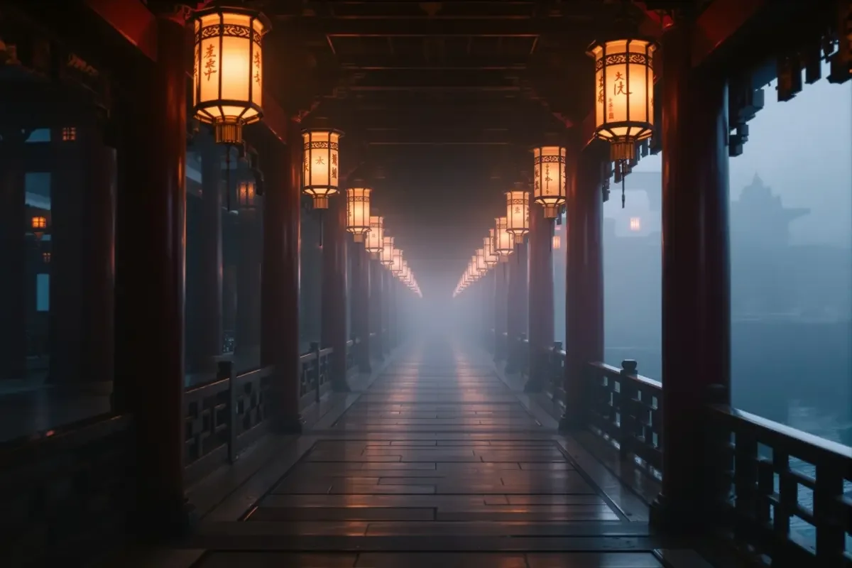 专题《宫墙深院》复古胶片风封面，暮色中的古代宫墙与金色格栅