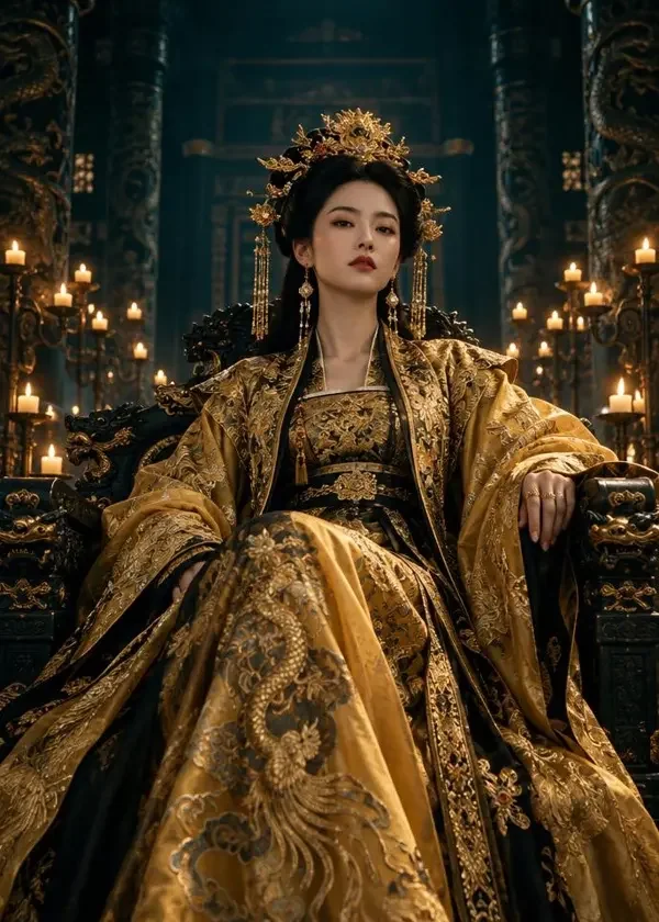 短剧《朱门谍影：太后请留步》复古胶片海报，墨绿宫殿里的太后肖像