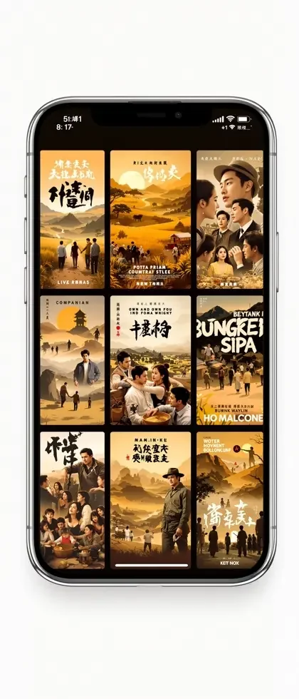 黄果短剧 App 首页推荐流 黄果短剧 App 首页推荐流界面示意,墨绿页头与象牙白卡片